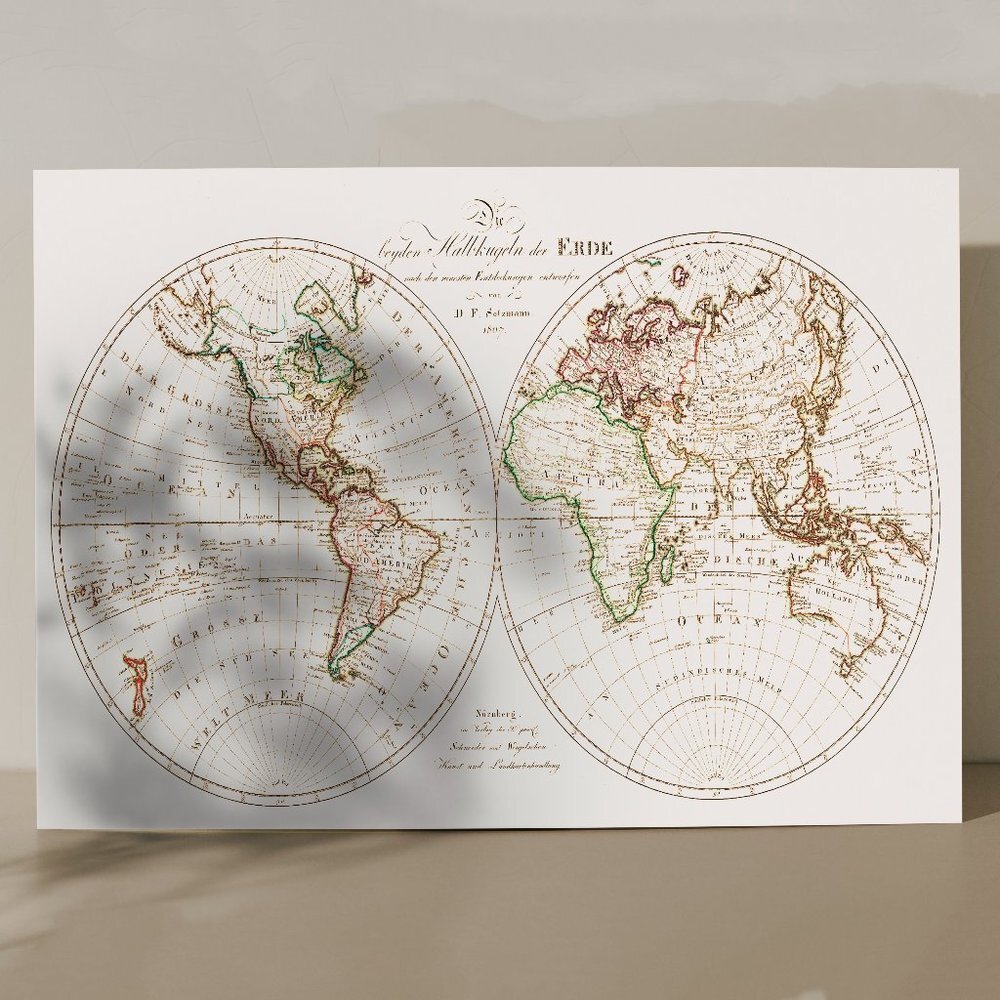 13x19" Vintage german world map 1806 19th century wall art map poster art print